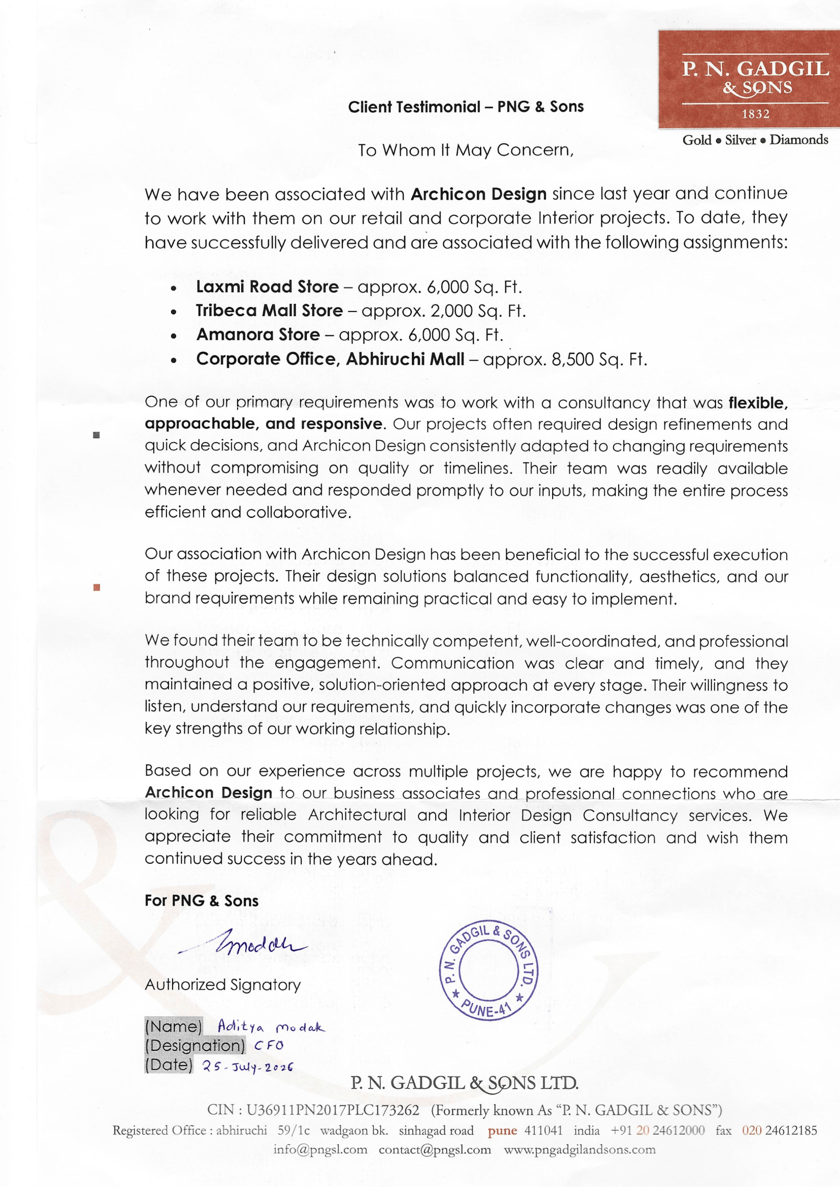P. N. Gadgil & Sons Testimonial Letter