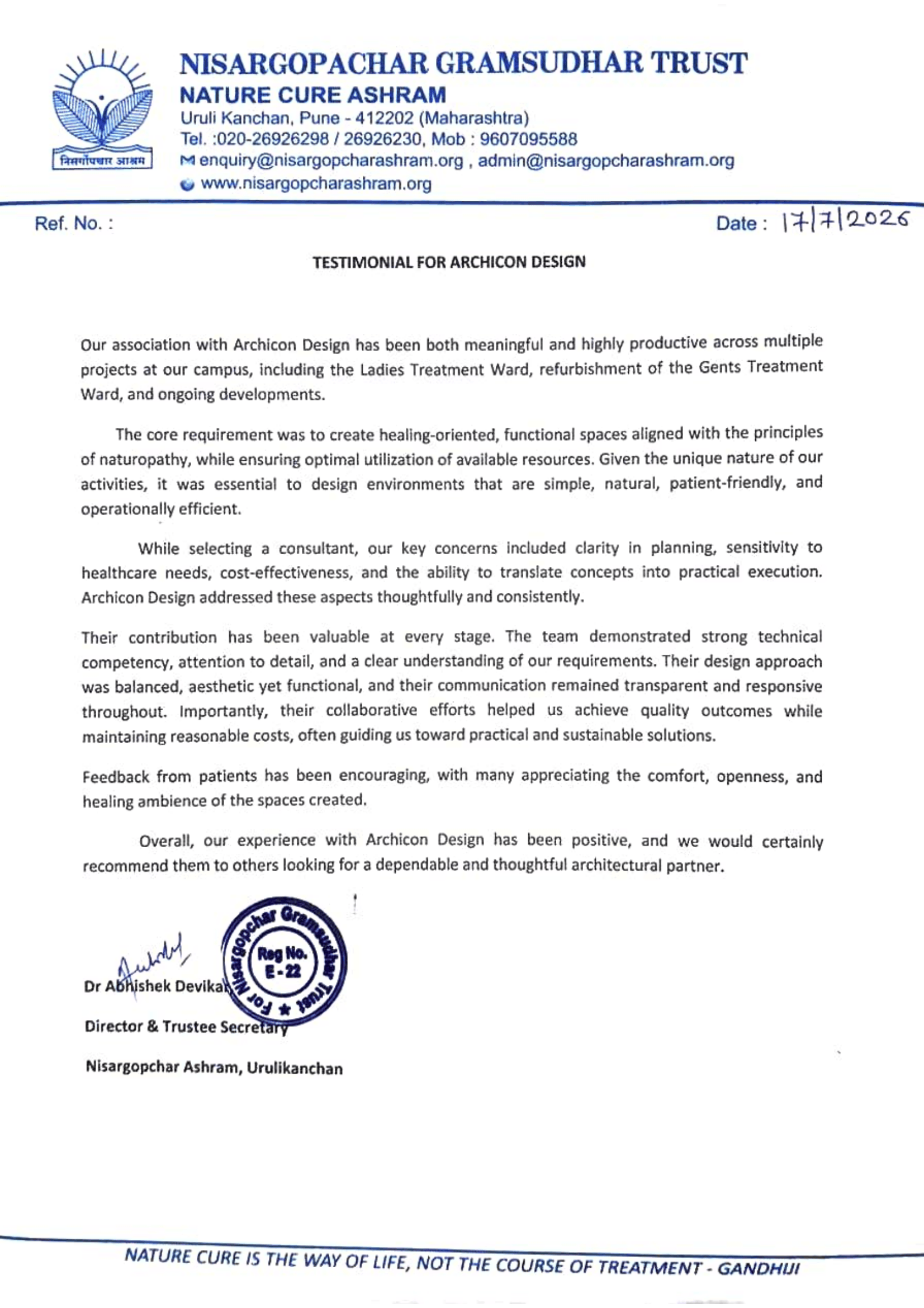 Nisargopachar Gramsudhar Trust Testimonial Letter